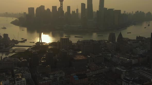 Shanghai City at Sunrise. Huangpu and Lujiazui District. China. Aerial View