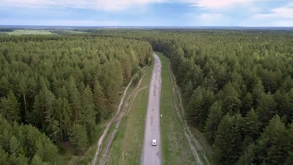 Modern Vehicle Drives Along Gray Road Among Endless Forest