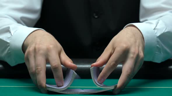 Croupier Professionally Shuffles Cards and Gets Ace, Card Trick Bluff, Closeup