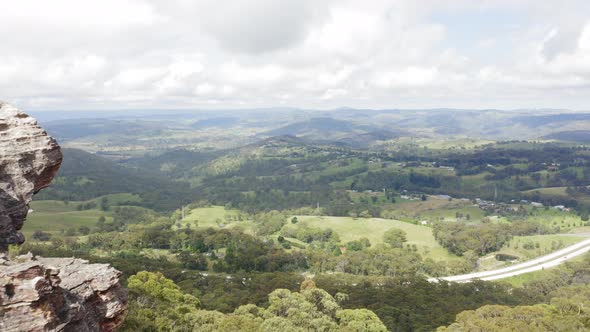 Drone aerial footage of a large valley near Lithgow in the Central Tablelands in Australia