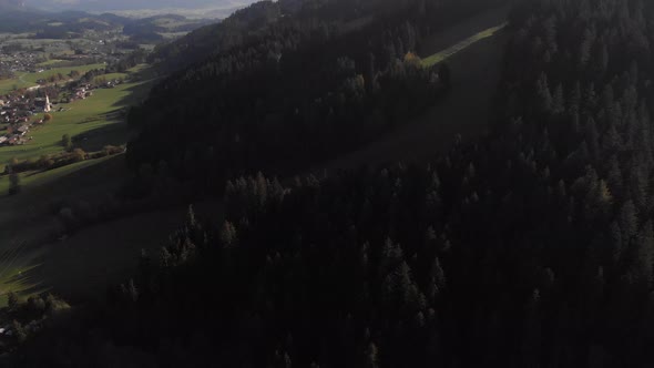 AERIAL: tilting up drone from forest with mountain view and green valley