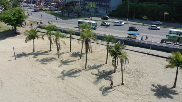 Panning wide landscape of coast city of Santos state of Sao Paulo Brazil.