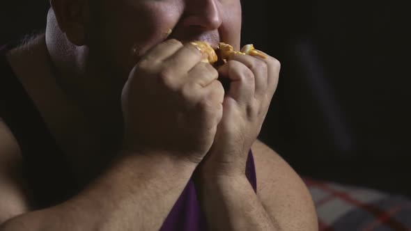 Messy Overweight Man Stuffing With Greasy Hamburger, Psychology of Overeating