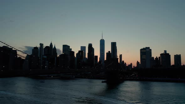 Aerial Wide View of Siluet Elements of Brooklyn Bridge in New York at Sunset