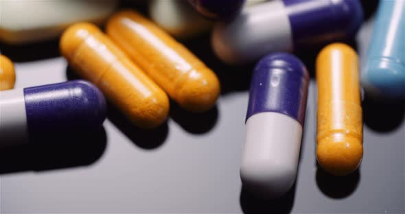 Various Medical Pills Drugs Black Background Pharmaceutical Industry