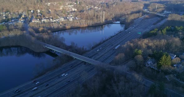 Aerial of Katonah and Cars Driving on a Highway in Upstate NY