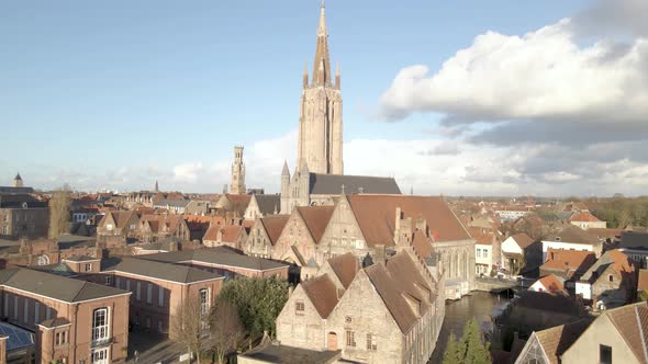 Medium Drone Aerial shot of Our Lady Church onze lieve vrouw Bruges Belgium