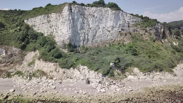 Flying parallel to the Rock formation of the Seaton beach in eastern Devon, England. These rock form