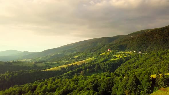 Aerial View of the Endless Lush Pastures of the Carpathian Expanses and Agricultural Land