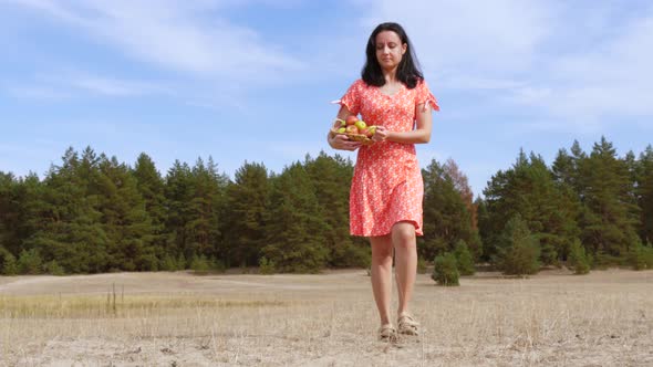A Girl in a Red Dress Carries a Basket of Ripe Red Apples Against a Blue Sky. Health, Agriculture.