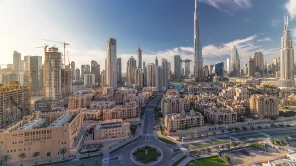 Dubai Downtown Skyline Timelapse with Burj Khalifa and Other Towers Paniramic View From the Top in