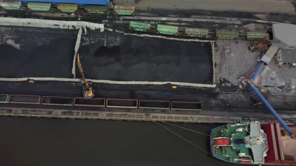 Aerial Panorama of the View Taken on a Copter From Above the Port Cranes Ships Loaded with Goods