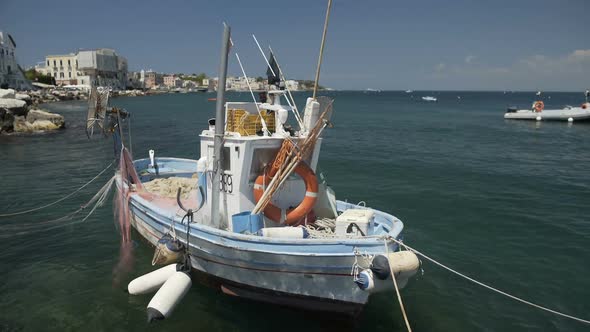 Fishing Boat Floating on Water, Drift Nets Lying on Deck, Ischia Seascape
