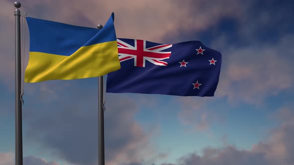 New Zealand Flag Waving Along With The National Flag Of The Ukraine - 4K