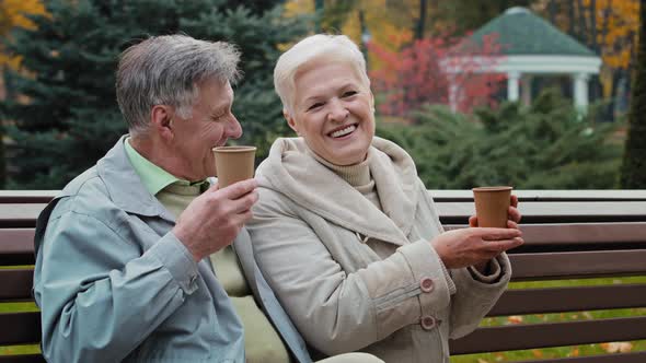 Married Couple Elderly Caucasian Family Two 60s People Happy Grandparents Pensioners Sit in Autumn