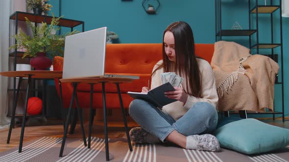 Woman Doing Planning Home Budget on Laptop and Counting Money Girl Checking Dollar Cash Income