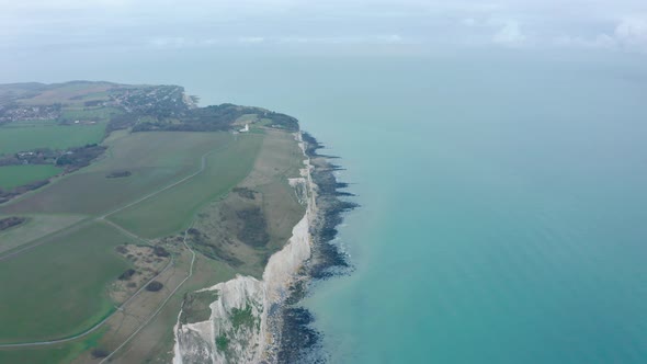 High Aerial establishing shot of the White cliffs of dover UK