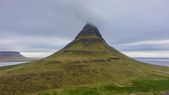 Kirkjufell Mountain on Summer Day. Iceland. Aerial View