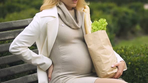 Young Pregnant Woman With Shopping Bag Having Rest on Bench, Pain in Back