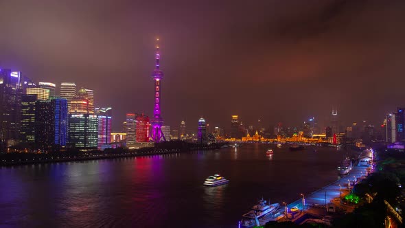 Large Famous Shanghai Tower Reflected in Huangpu Timelapse