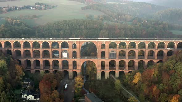 Goltzsch Brick Viaduct in Germany on a Foggy Autumnal Morning Aerial View