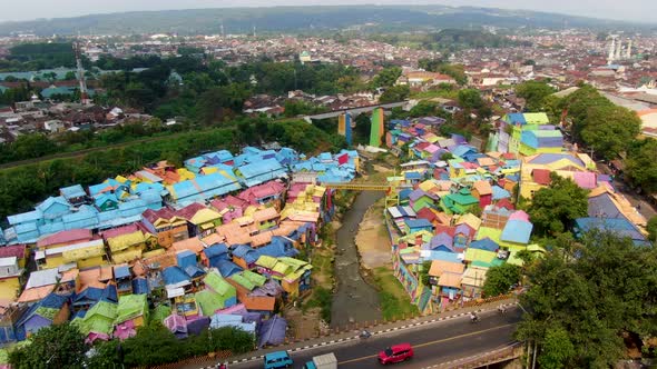 Colorful rainbow village Jodipan in Malang, Indonesia. Aerial dolly
