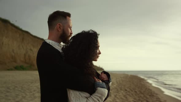 Beautiful Lovers Hugging Together on Sea Beach Shoreline