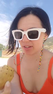 Woman Talking on Camera Vlogger Sea Vacation