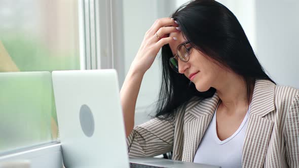 Smiling Business Woman Working Use Laptop Sitting Near Window