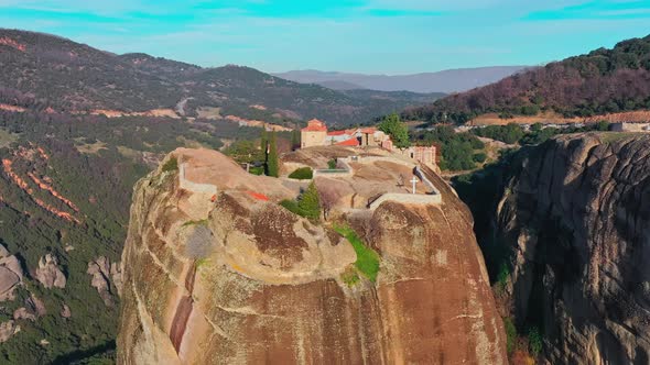 Aerial View of Monastery Trinity and Breathtaking Pictures of Valley and Landmark Canyon of Meteora