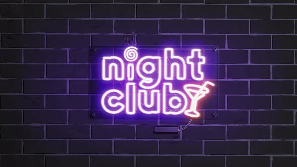 Neon night club sign dark brick wall, glowing font mockup,