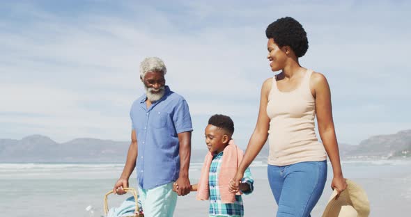 Happy african american couple walking with son on sunny beach