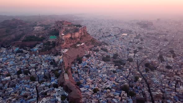 Aerial view Drone 4k of Blue City And Mehrangarh Fort In Jodhpur