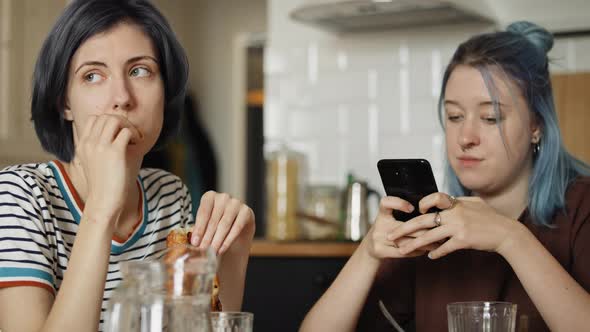 Handheld video of offended lesbians during breakfast. Shot with RED helium camera in 8K.