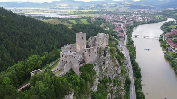 Aerial view of the castle in the village of Strecno in Slovakia