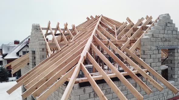 Rafter System on Wooden Roof. House Building