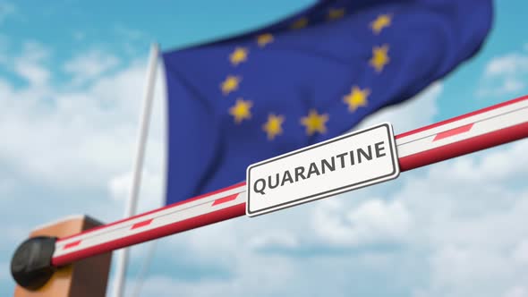 Barrier Gate with QUARANTINE Sign Opened at Flag of the EU alt