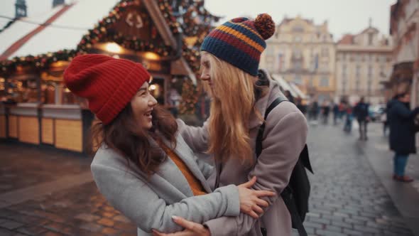 Beautiful Happy Asian Women Lesbian Lgbt Couple Meet Eachother on European Street in Old Town in