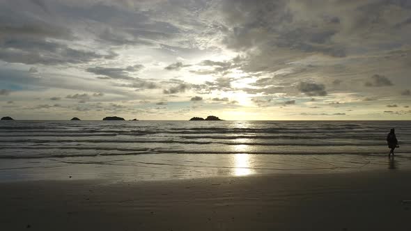 Aerial view of a calm tropical beach during sunset, Ko Chang, Thailand.