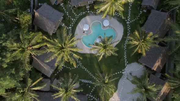 Aerial view of bungalow on luxury resort, Gili Trawangan island, Indonesia.