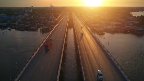 4K Hyper lapse : Drone fly over the bridge and a river.