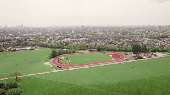 London City Aerial View from Parliament Hill running track Flying by around Belsize Park, Kentish To