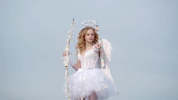 St Valentines Day. Angel Children Girl with White Wings. Sweet Angel Girl. Little Angel Girl Against