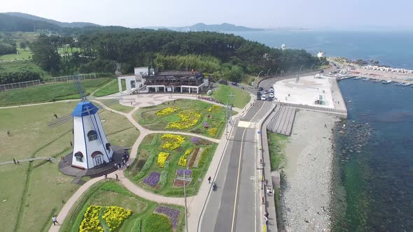 Aerial View Of Dutch Windmill At Coastal In South Korea