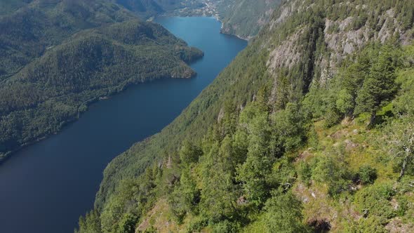 Telemark Norwegian highlands, Dalen on lakeside background, aerial view