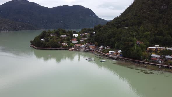 Drone footage of Caleta Tortel village without streets at the end of Carretera Austral. Patagonia, C