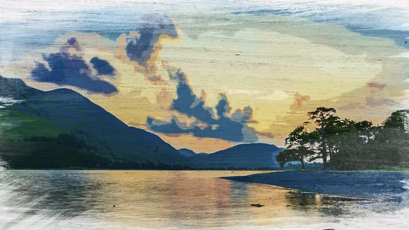 Watercolor timelapse of sunset over lake in Lake District, UK