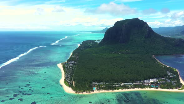 Aerial view of Mauritius island panorama and famous Le Morne Brabant mountain, beautiful blue lagoon