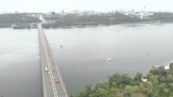 Paton Bridge Across the Dnipro River in Kyiv, Ukraine. Aerial View