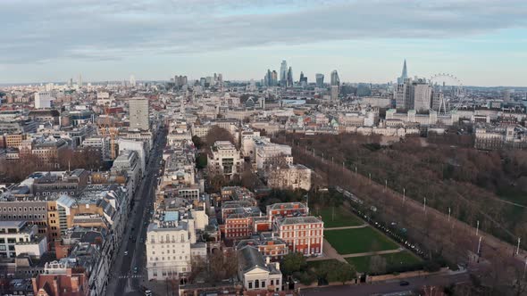 Slider drone shot from Buckingham palace of London skyline